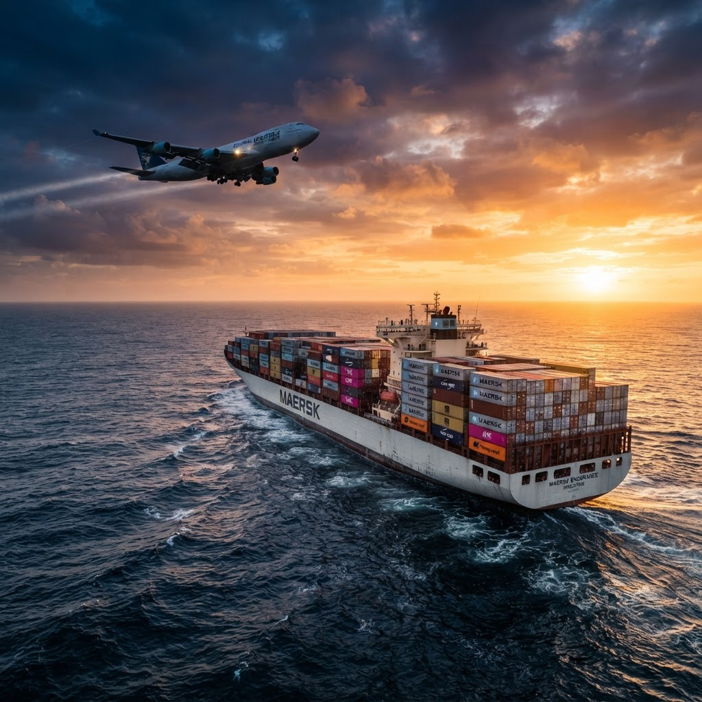 Cargo ship and freight airplane delivering goods across the ocean